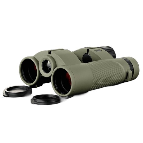 Shooin LaserView Pro 2500 Meters Rangefinder 10x42 Binoculars with green casing and lens caps, ideal for outdoor viewing.