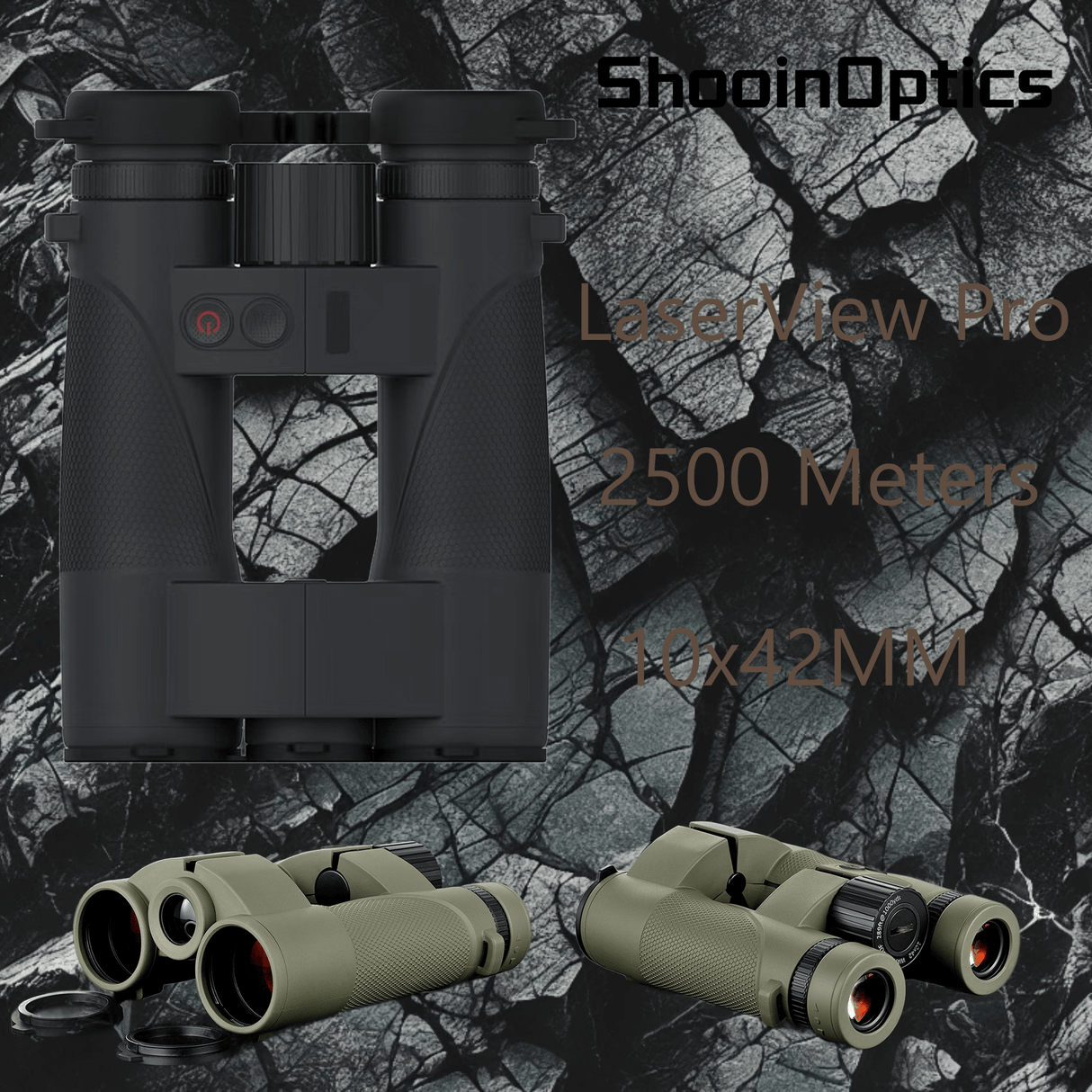 Shooin LaserView Pro 10x42 Binoculars with 2500m rangefinder, perfect for outdoor adventures and wildlife observation.