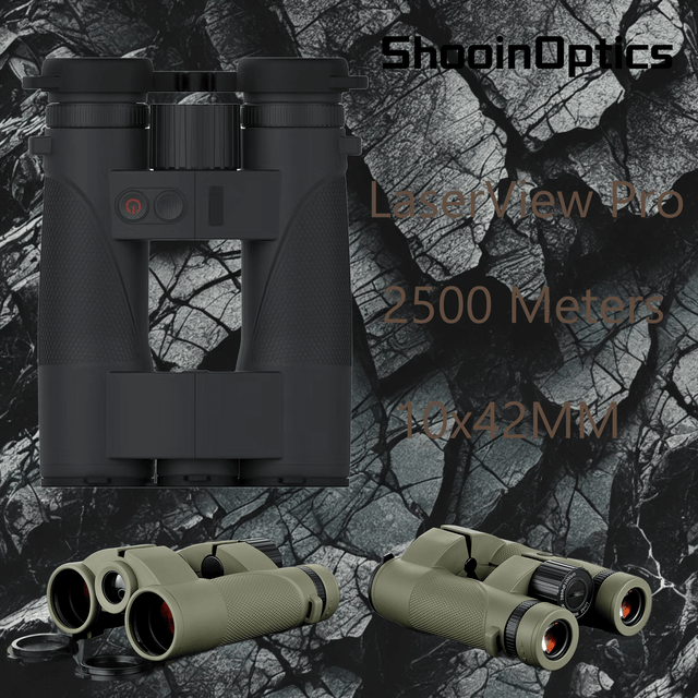 Shooin LaserView Pro 10x42 Binoculars with 2500m rangefinder, perfect for outdoor adventures and wildlife observation.
