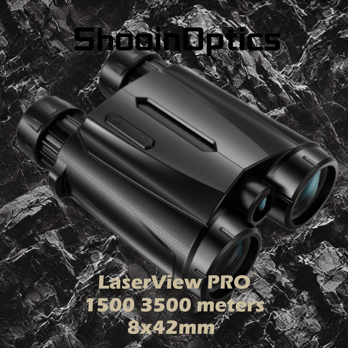 Shooin LaserView Pro binoculars with 1500/3500 meters range and 8x42mm lens on rocky background.