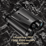 Shooin LaserView Pro binoculars with 1500/3500 meters range and 8x42mm lens on rocky background.